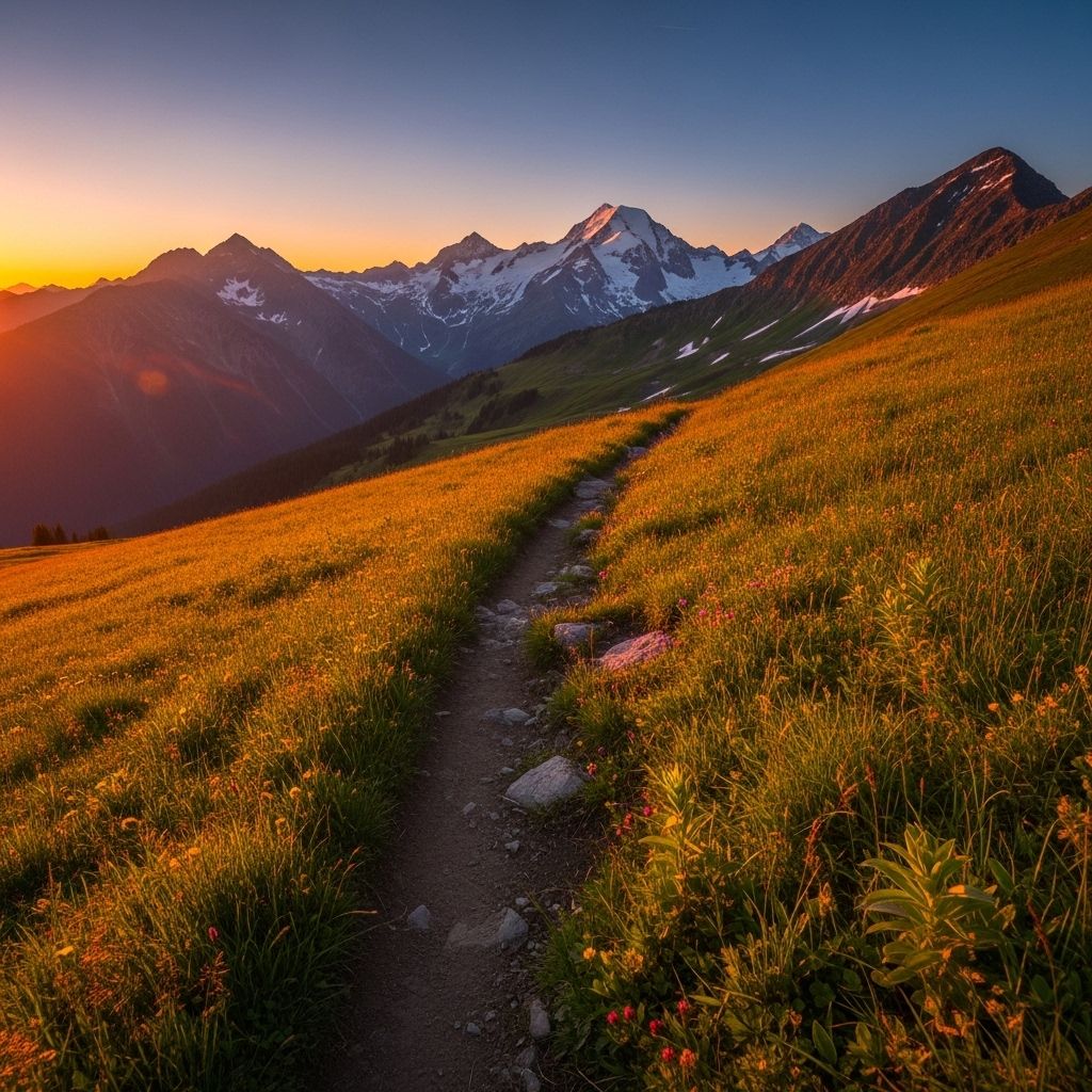 Sentier de randonnée sinueux traversant une prairie alpine au coucher de soleil, avec des montagnes enneigées en arrière-plan et une lumière dorée rasante éclairant les hautes herbes