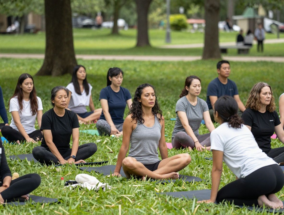 Groupe de personnes pratiquant le yoga en plein air dans un parc verdoyant, postures d'étirement coordonnées, atmosphère calme et concentrée au lever du soleil