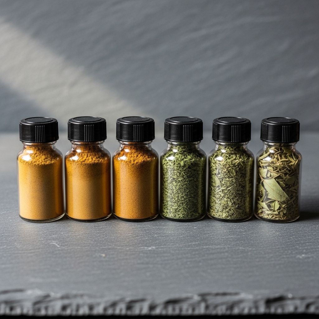 Rangée de petits flacons en verre ambré générique sans étiquette ni marque, contenant des poudres et herbes séchées aux tons ocre et vert, posés sur une surface en ardoise grise