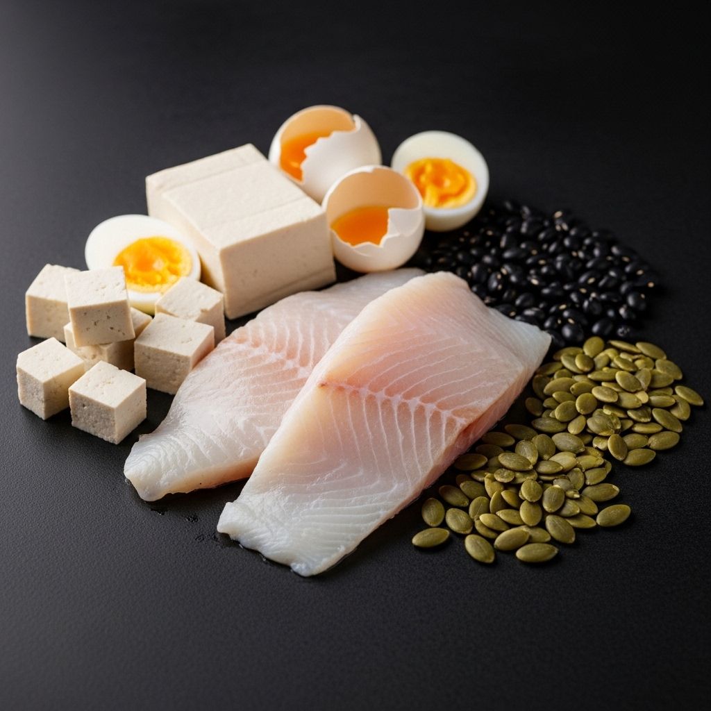 Composition élégante de sources de protéines végétales et animales sur fond sombre — filets de poisson blanc cru, tofu, œufs, haricots noirs et graines de courge