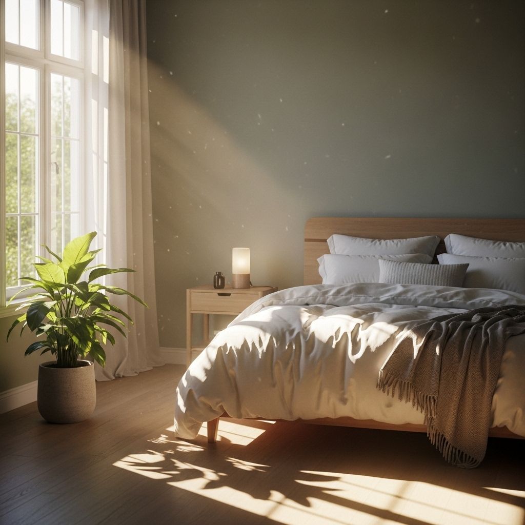 Chambre paisible baignée dans une lumière d'aube bleutée et douce, literie en lin blanc immaculé froissée avec soin, fenêtre entrouverte laissant filtrer un rayon de lumière matinal