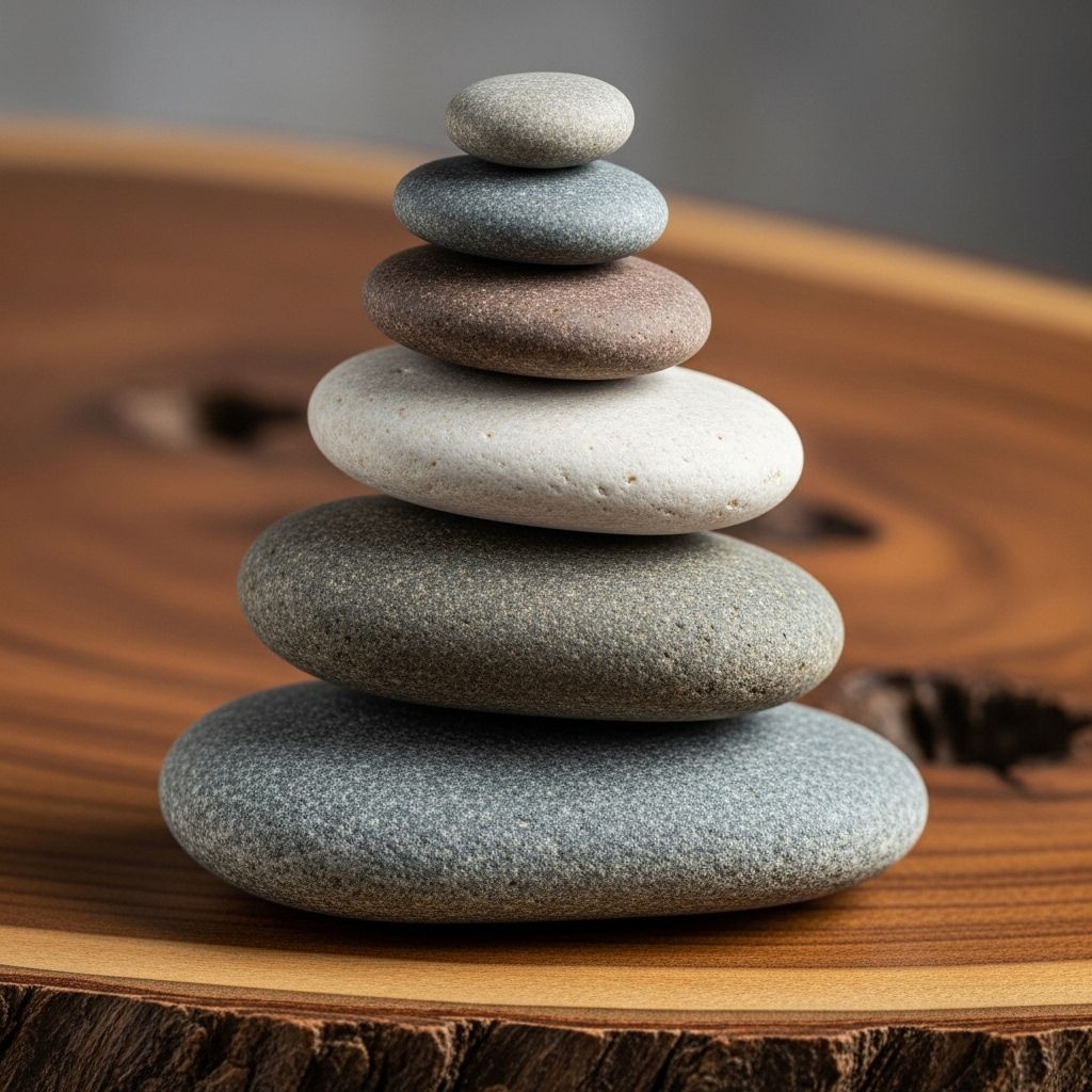 Composition abstraite de galets empilés en équilibre délicat sur une surface en bois naturel, représentant l'harmonie et l'interdépendance des éléments du bien-être